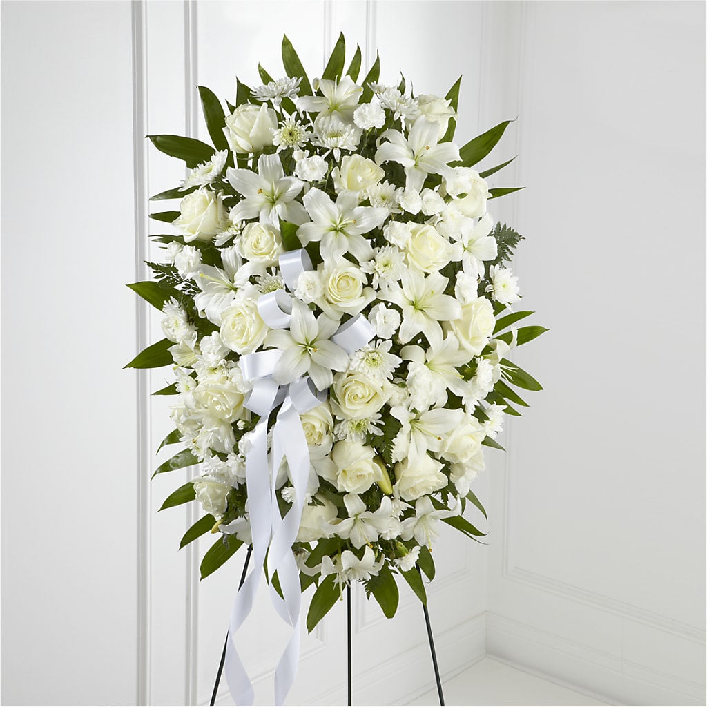Exquisite Tribute Standing Spray-White Ribbon – La Maison De Fleur, Pierre Part LA