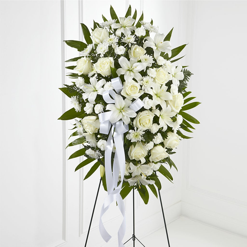 Exquisite Tribute Standing Spray-White Ribbon – La Maison De Fleur, Pierre Part LA